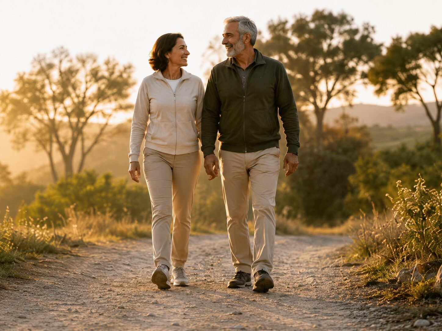 A couple walking together outdoors at golden hour